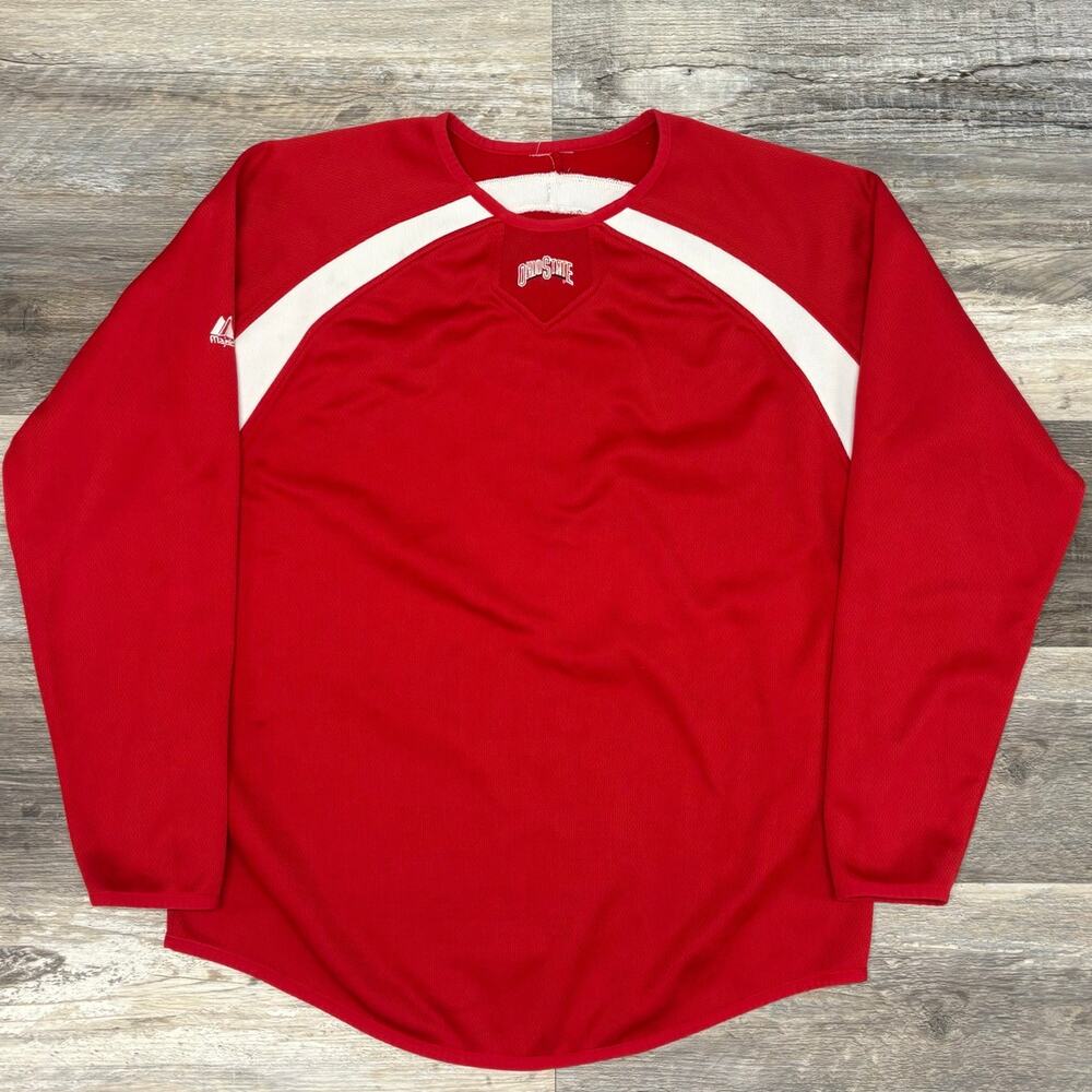 Vintage Ohio State University OSU Buckeyes Men L Majestic Baseball Dugout Jersey